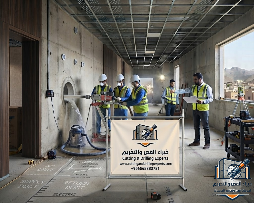 فتح كور مكيفات حي شهار الطائف باستخدام أجهزة الكور الماسي لتنفيذ فتحات السبليت والمركزي والدكت وVRF بدقة عالية وبدون تكسير